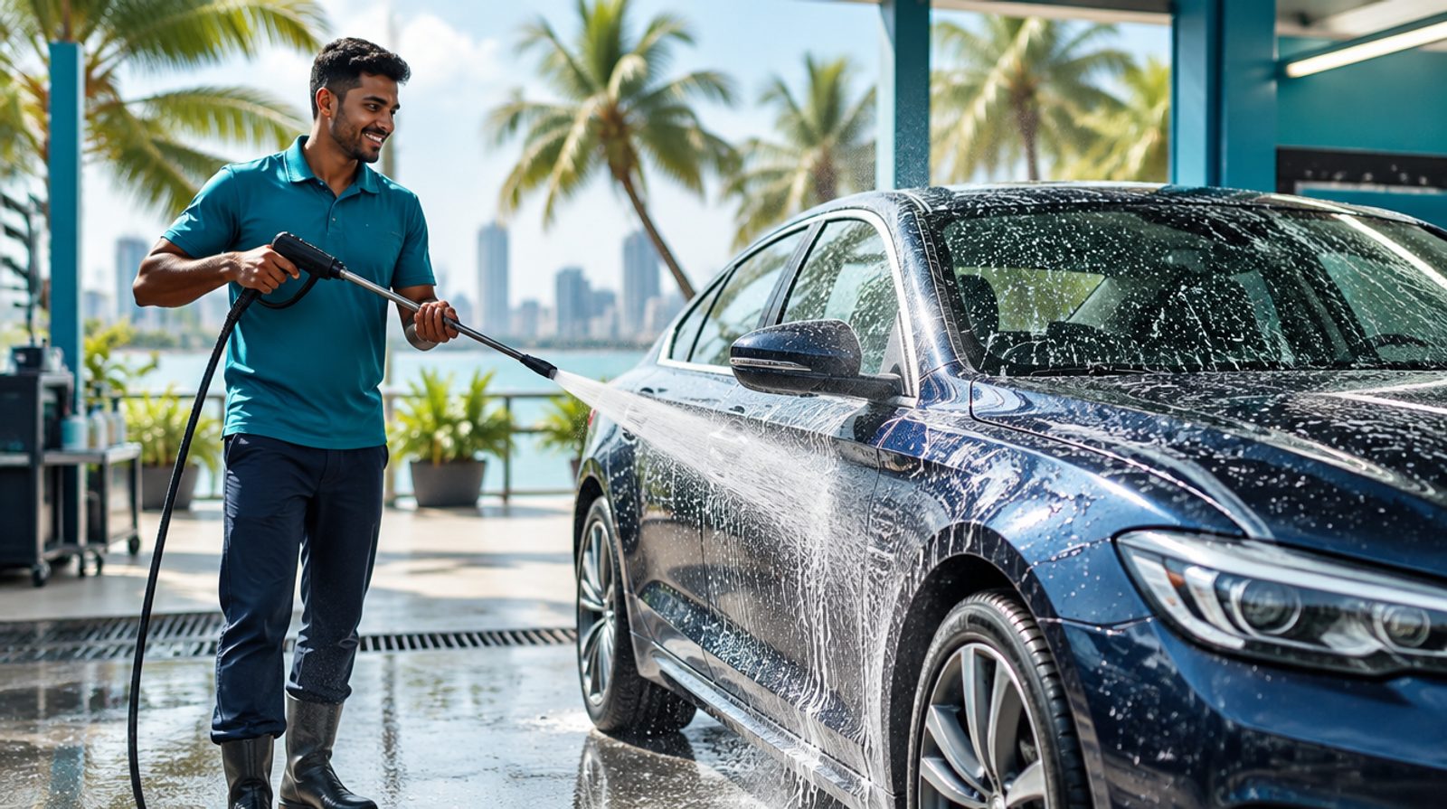 A car being washed at a Washify partner car wash in Colombo